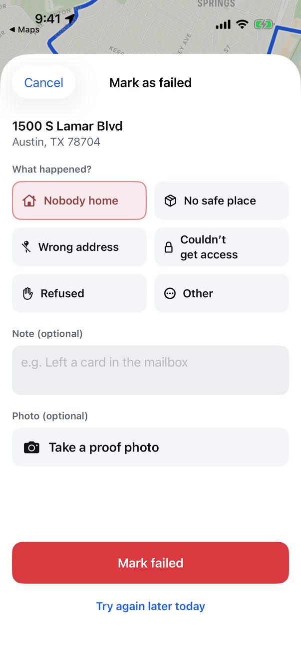 Marking a stop as failed in RouteMap: reasons, an optional note and a proof photo.
